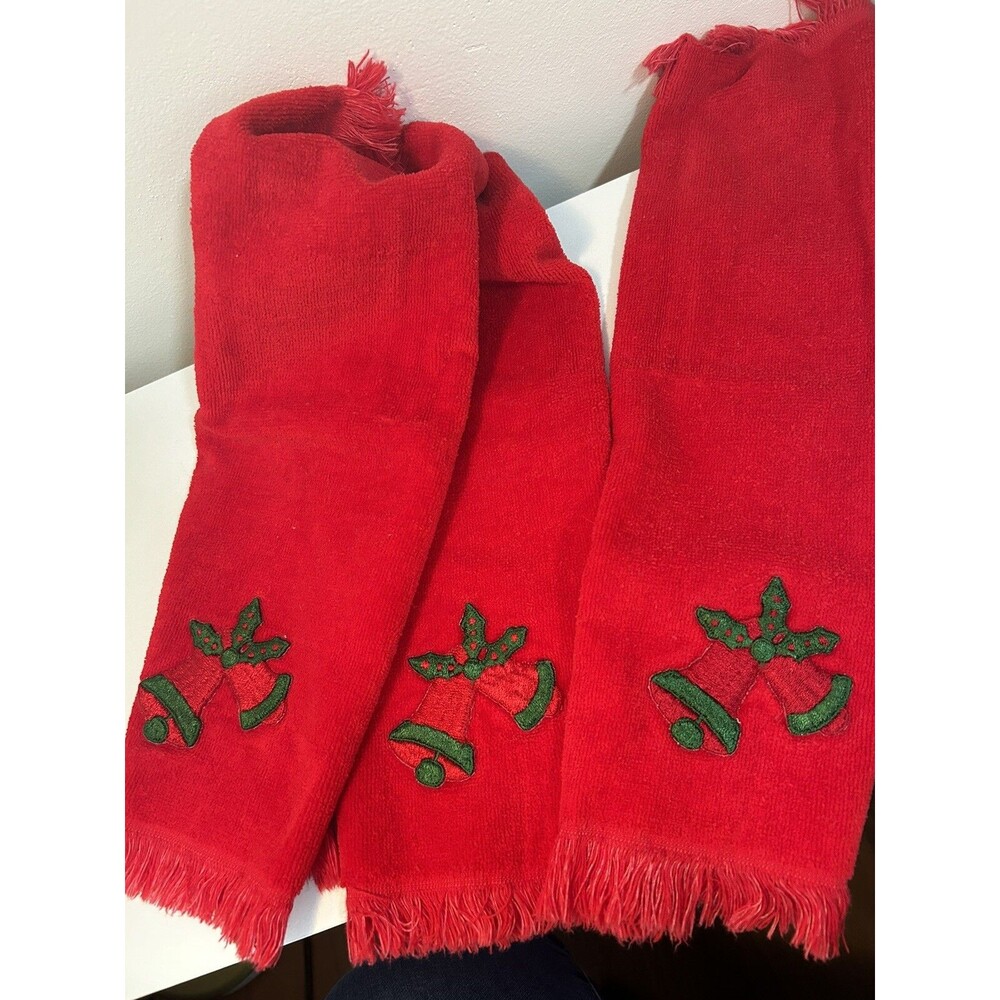 VTG Fieldcrest Lustre Hand Towels Lot of 3 Red Holiday